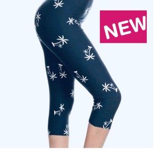 OS NEW Women Capri Palm Tree Navy Blue Leggings Cropped Pants